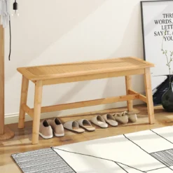 100cm Bambus Essbank mit handgewebtem Rattansitz Holzbank für den Eingangsbereich Landhaus-Küchentischbank Natur