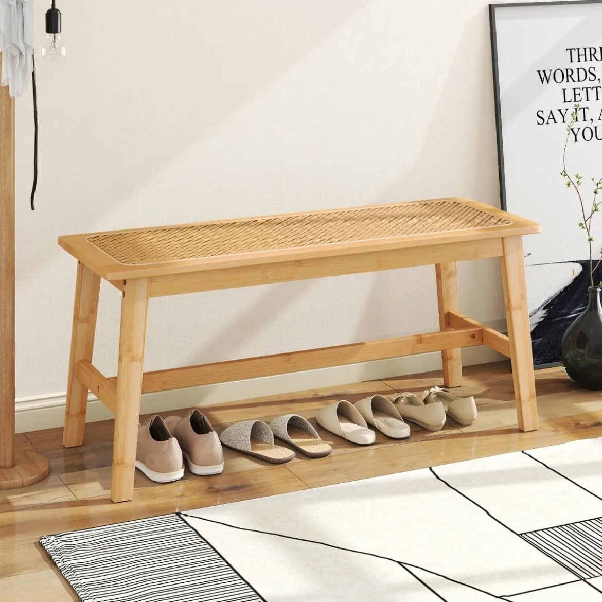 100cm Bambus Essbank mit handgewebtem Rattansitz Holzbank für den Eingangsbereich Landhaus-Küchentischbank Natur