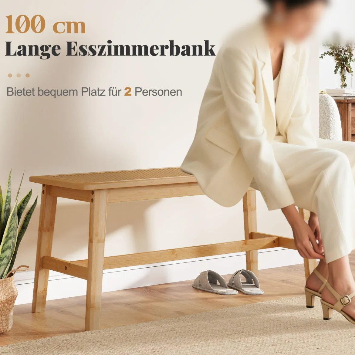 100cm Bambus Essbank mit handgewebtem Rattansitz Holzbank für den Eingangsbereich Landhaus-Küchentischbank Natur
