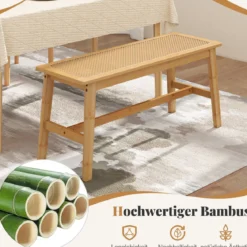 100cm Bambus Essbank mit handgewebtem Rattansitz Holzbank für den Eingangsbereich Landhaus-Küchentischbank Natur