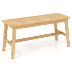 100cm Bambus Essbank mit handgewebtem Rattansitz Holzbank für den Eingangsbereich Landhaus-Küchentischbank Natur