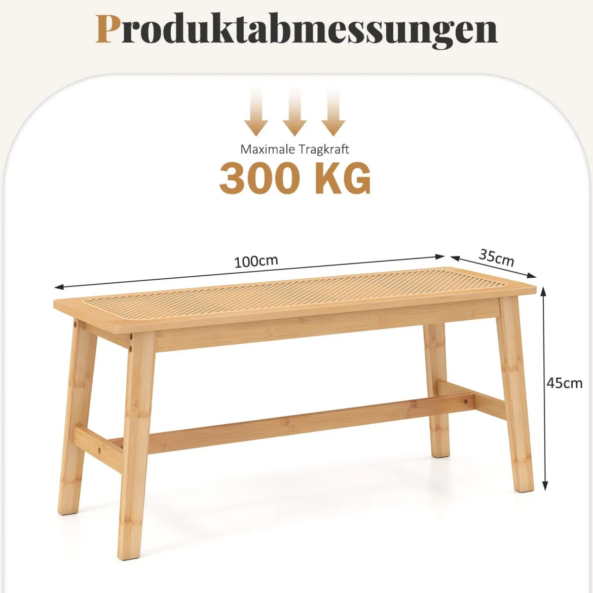 100cm Bambus Essbank mit handgewebtem Rattansitz Holzbank für den Eingangsbereich Landhaus-Küchentischbank Natur