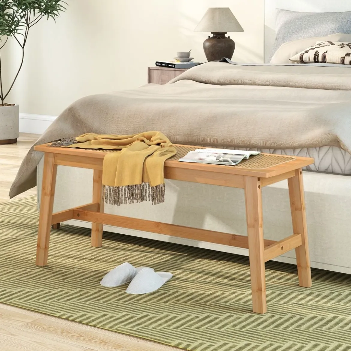 100cm Bambus Essbank mit handgewebtem Rattansitz Holzbank für den Eingangsbereich Landhaus-Küchentischbank Natur