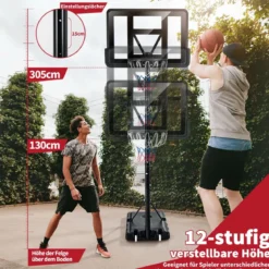 130 - 305 cm Basketballständer mit Netz & 2 Rädern Höhenverstellbar Schwarz