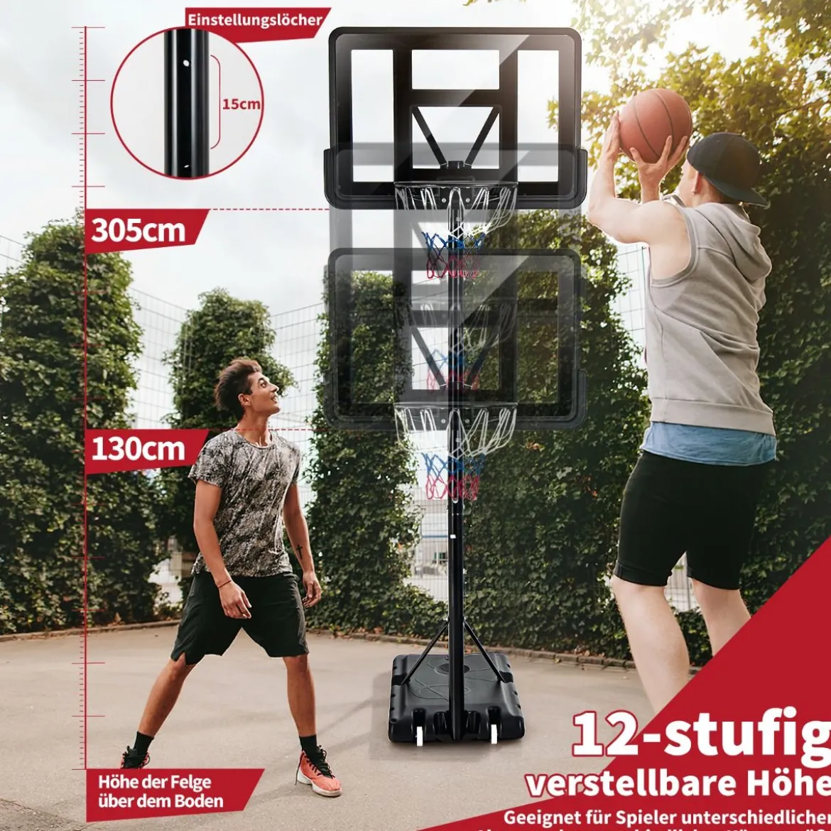 130 - 305 cm Basketballständer mit Netz & 2 Rädern Höhenverstellbar Schwarz