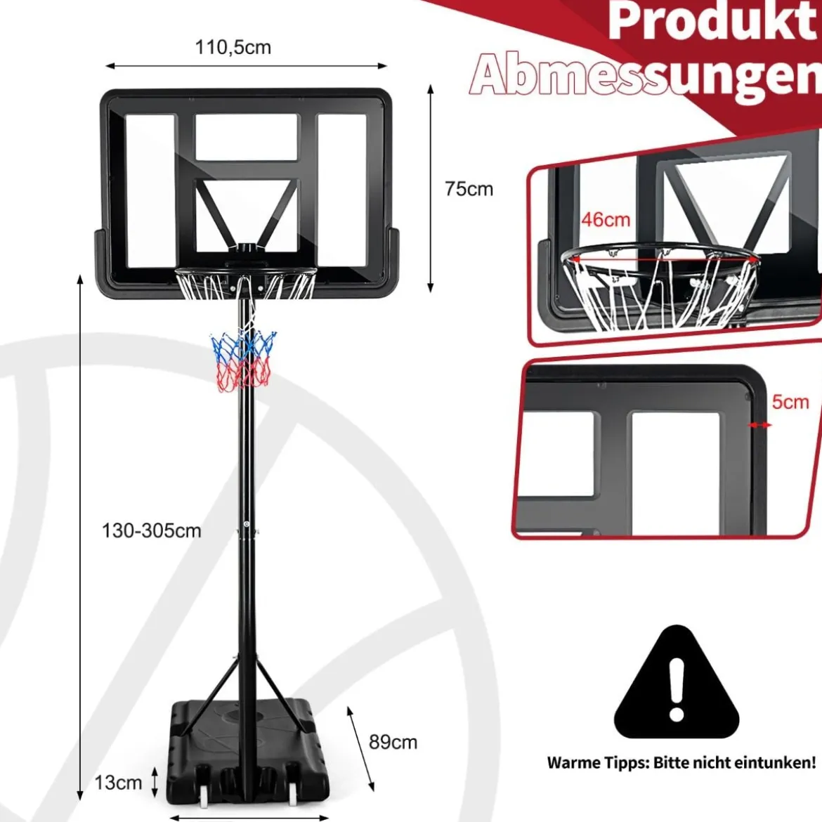 130 - 305 cm Basketballständer mit Netz & 2 Rädern Höhenverstellbar Schwarz