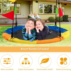 Ø100 cm Baumschaukel Kinder Nestschaukel verstellbaren Seil Dunkelblau + Orange + Gelb