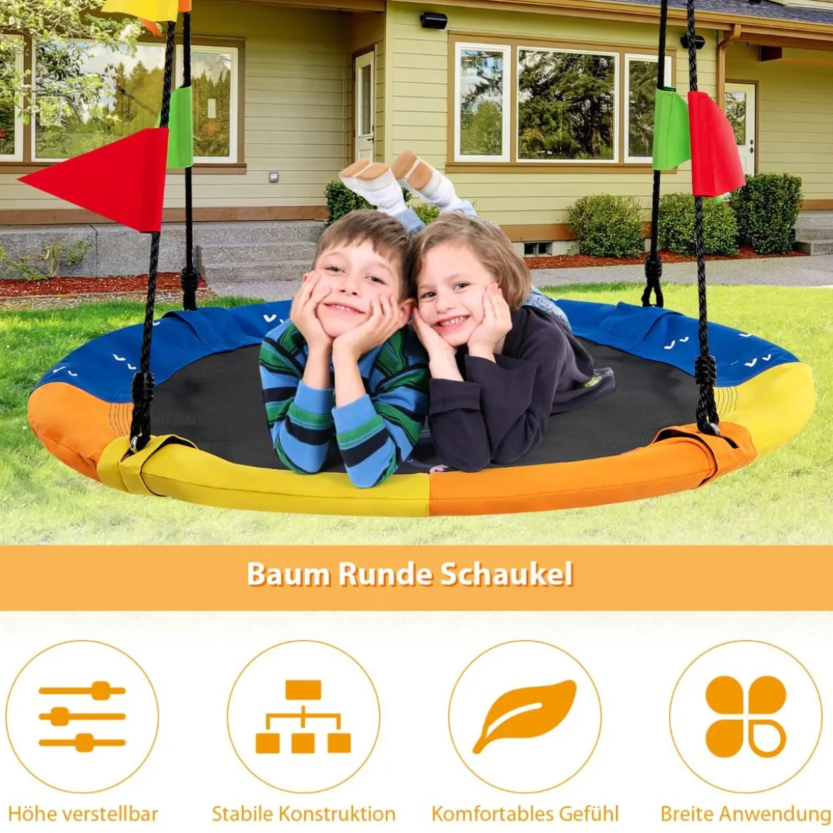 Ø100 cm Baumschaukel Kinder Nestschaukel verstellbaren Seil Dunkelblau + Orange + Gelb