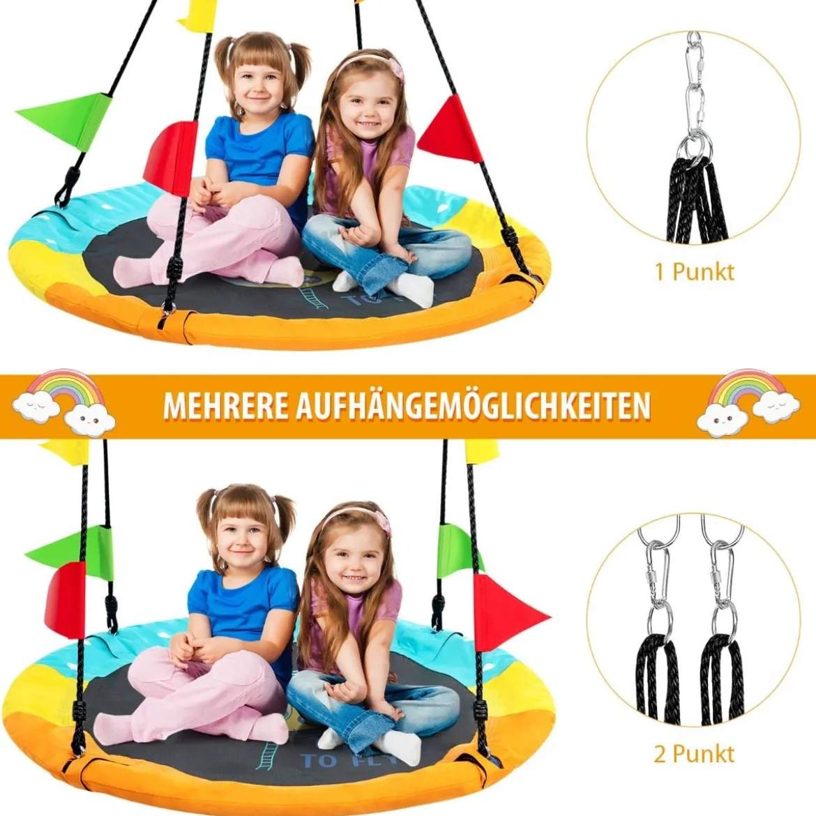 Ø100 cm Baumschaukel runde Schaukel mit bunten Fahnen Himmelblau + Orange + Gelb