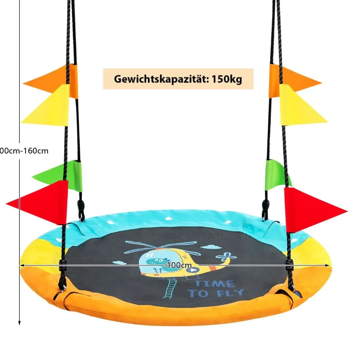 Ø100 cm Baumschaukel runde Schaukel mit bunten Fahnen Himmelblau + Orange + Gelb