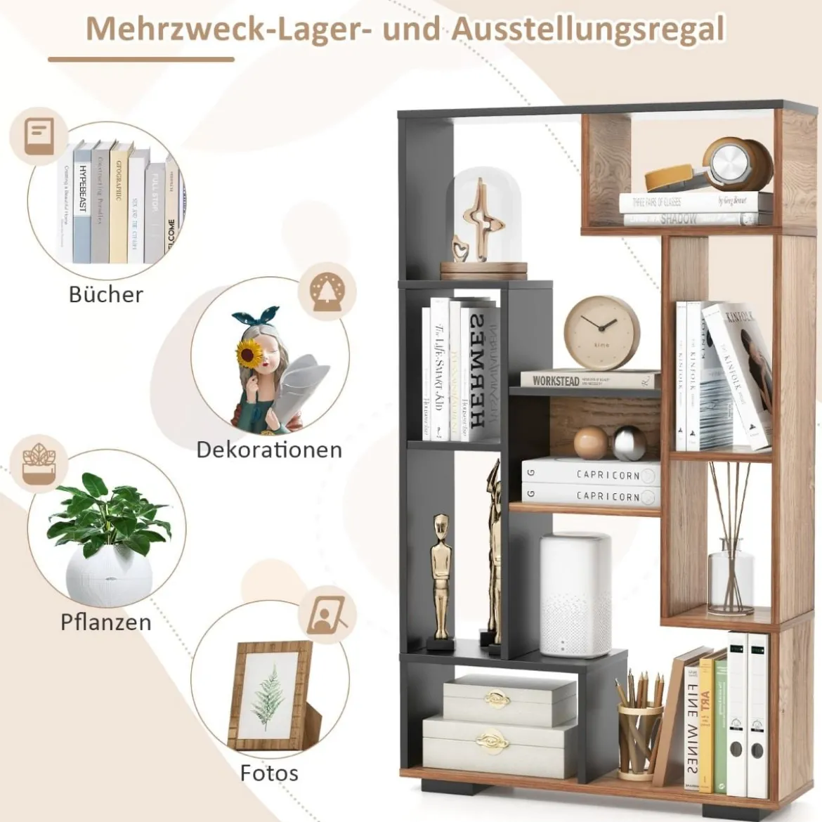 120cm Bücherregal mit 9 Fächern Standregal Raumteiler geometrisch Schwarz und Holz