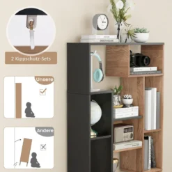 120cm Bücherregal mit 9 Fächern Standregal Raumteiler geometrisch Schwarz und Holz