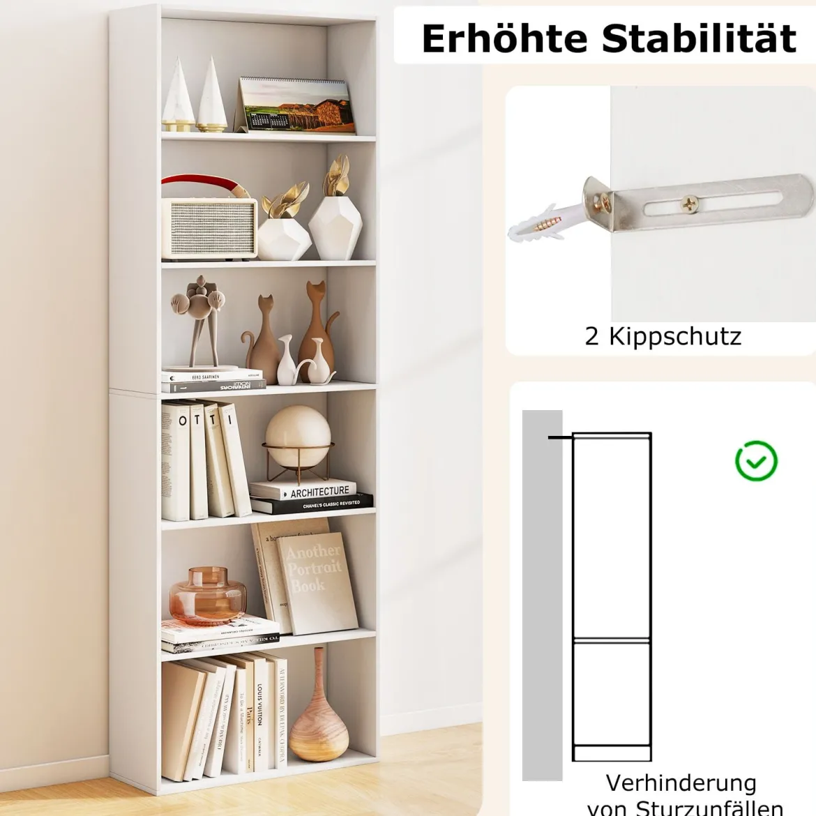 178 cm Bücherregal mit 2 Kippsicherungssets Freistehendes Standregal Display Regal Weiß