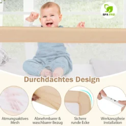 180 cm Beige Lange Klappbares Bettgitter mit Sicherheitsgurten 180° Faltbar