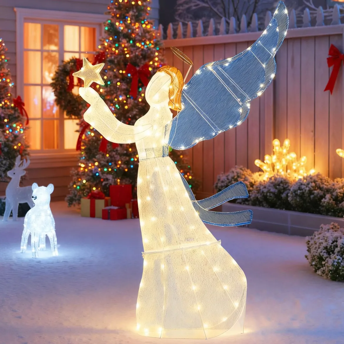152 cm beleuchtete Engel-Weihnachtsdekoration 3D vorbeleuchteter Engel mit Heiligenschein Flügeln