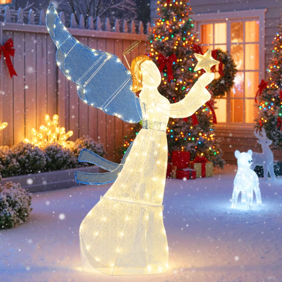 152 cm beleuchtete Engel-Weihnachtsdekoration 3D vorbeleuchteter Engel mit Heiligenschein Flügeln