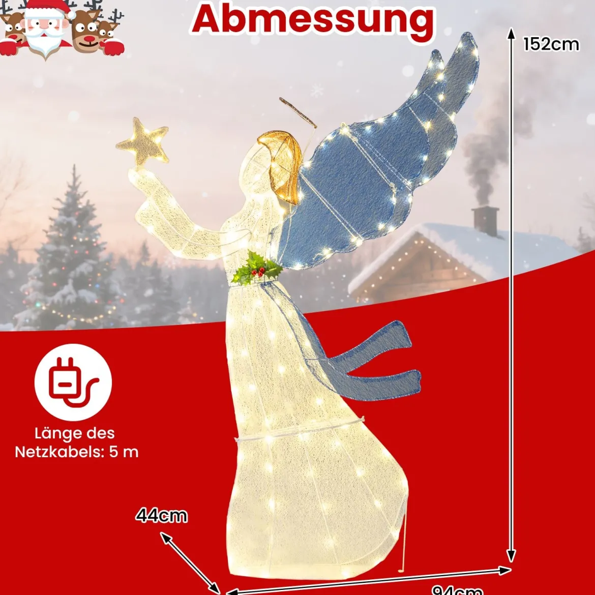 152 cm beleuchtete Engel-Weihnachtsdekoration 3D vorbeleuchteter Engel mit Heiligenschein Flügeln