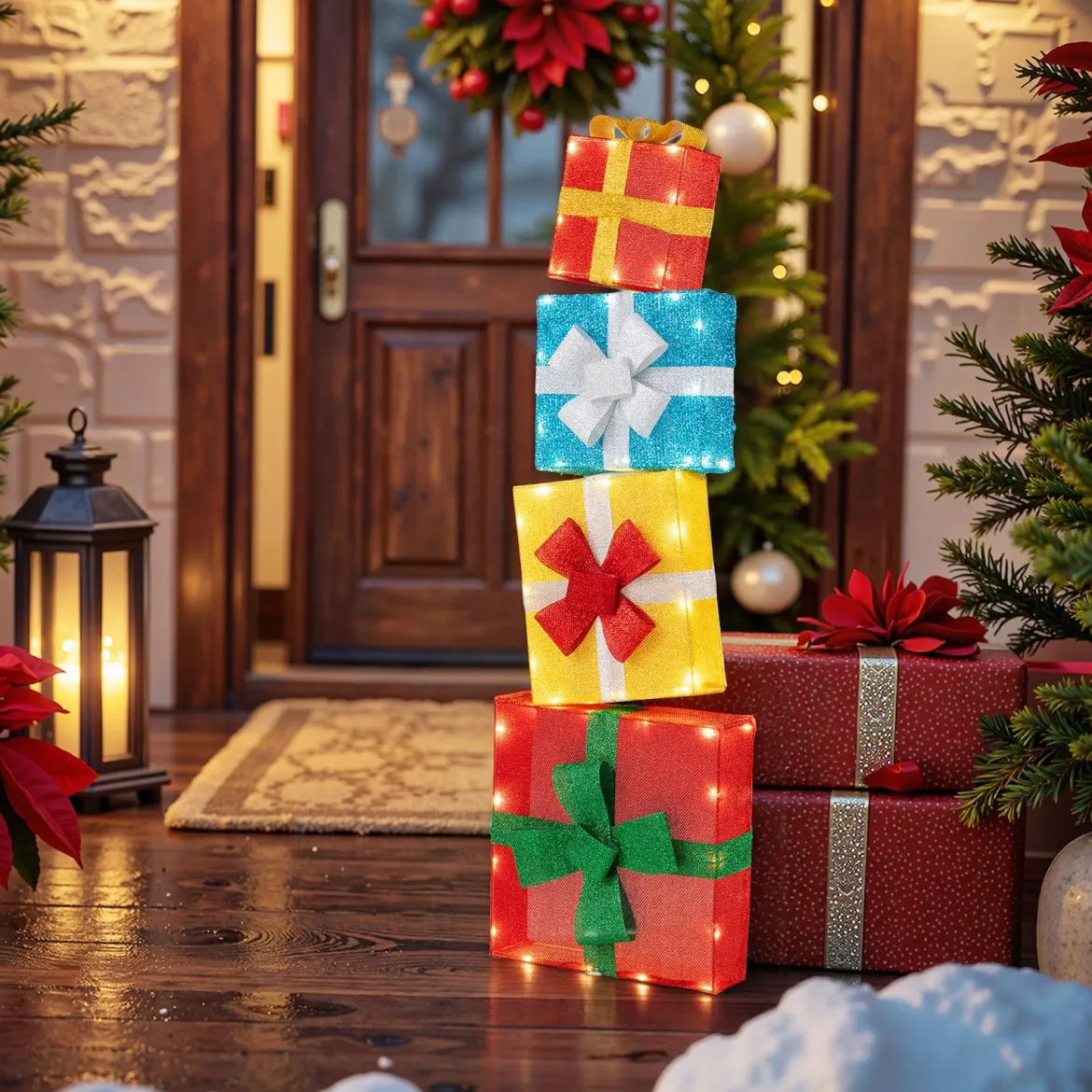 120 cm beleuchtete Geschenkboxen 2D Weihnachtsdekoration-Set mit LED-Lichtern 4 gestapelten Weihnachtsgeschenkboxen Mehrfarbig