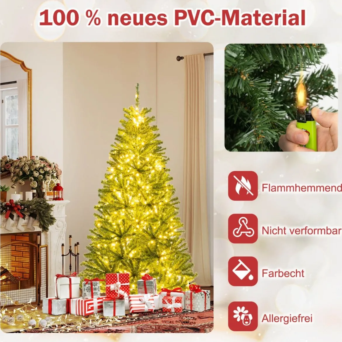 180 cm Beleuchteter Künstlicher Weihnachtsbaum Klappbarer Christbaum mit 700 Warmweißen LED-Lichtern 680 Zweigspitzen