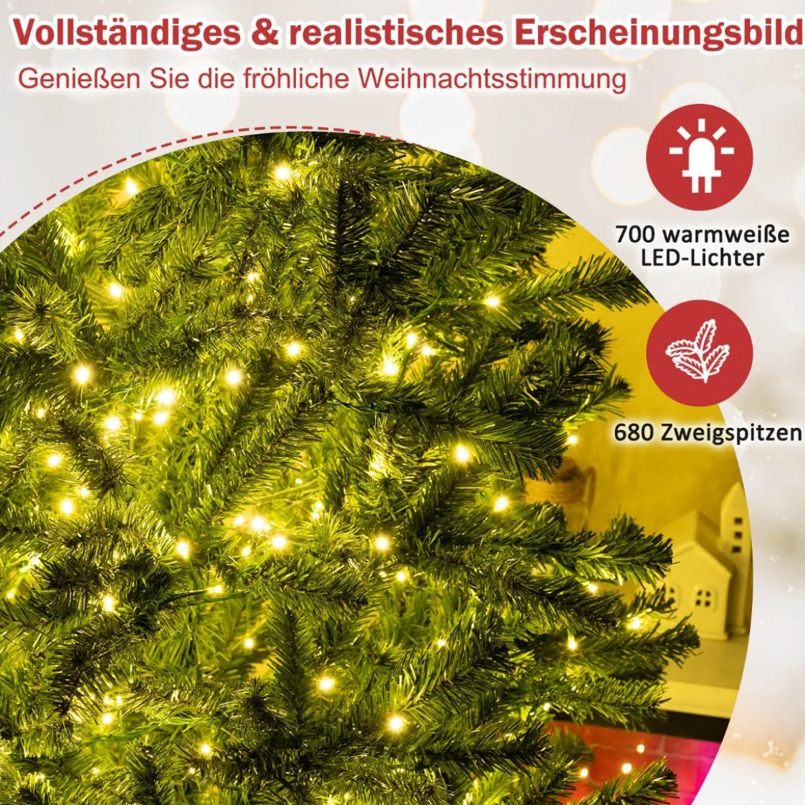 180 cm Beleuchteter Künstlicher Weihnachtsbaum Klappbarer Christbaum mit 700 Warmweißen LED-Lichtern 680 Zweigspitzen