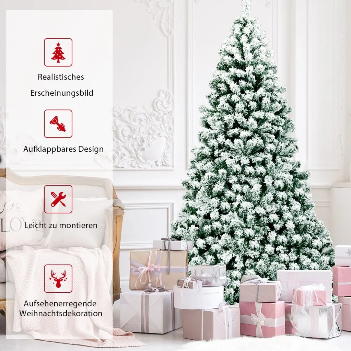 225 cm beleuchteter schneebedeckter Weihnachtsbaum mit klappbarer Metallständer Grün + Weiß