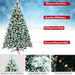 225 cm beleuchteter schneebedeckter Weihnachtsbaum mit klappbarer Metallständer Grün + Weiß