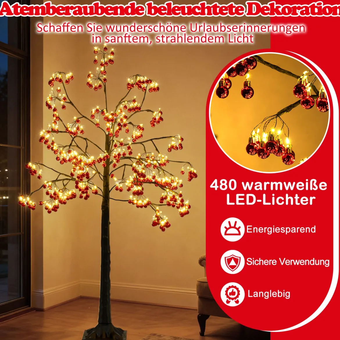 150 cm beleuchteter Weihnachtsbaum künstlicher Lichterbaum mit biegsamen Zweigen Weihnachtsbeleuchtung Rot