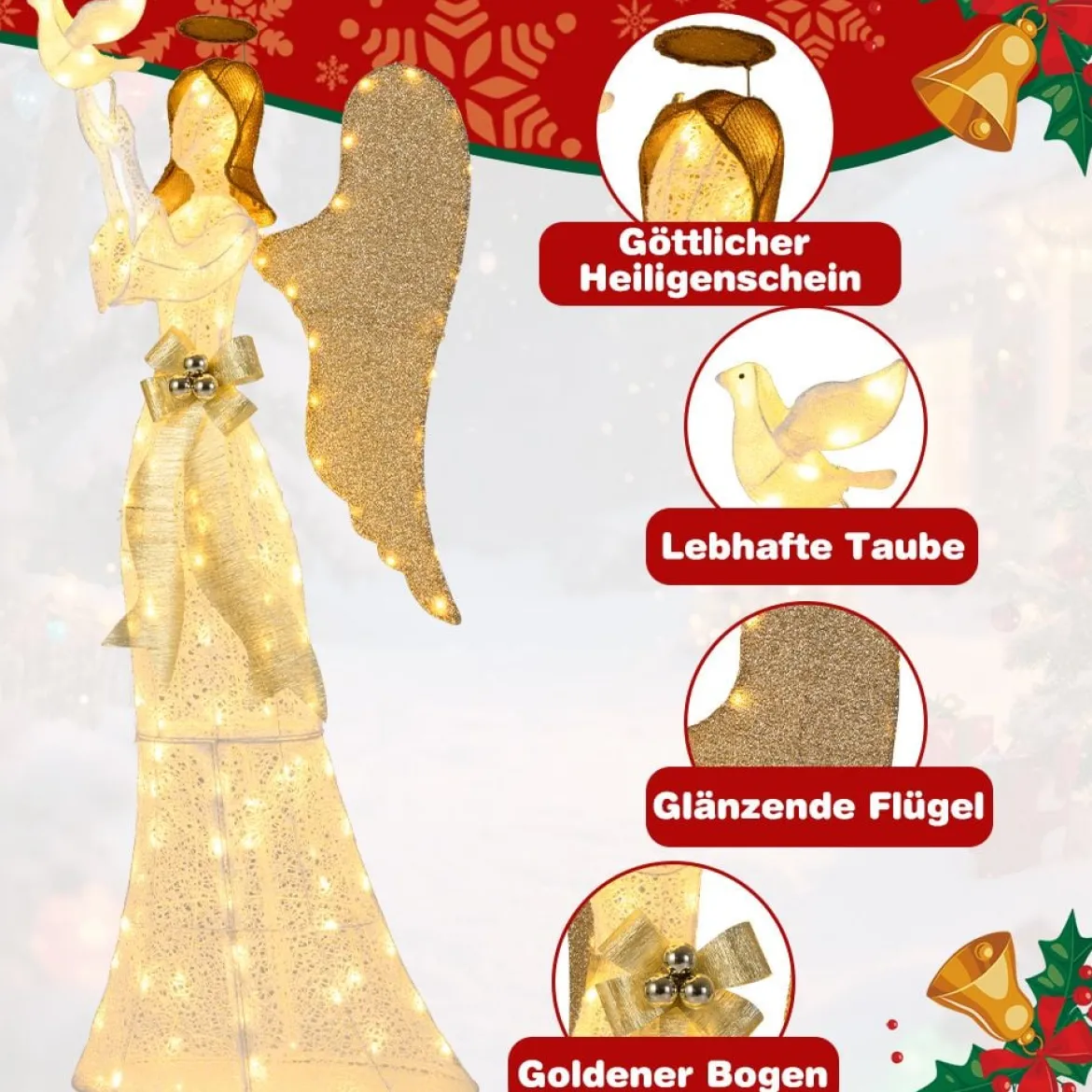 165cm Beleuchteter Weihnachtsengel mit 150 Warmweißen LED-Lichtern & Taube Weihnachtsdeko