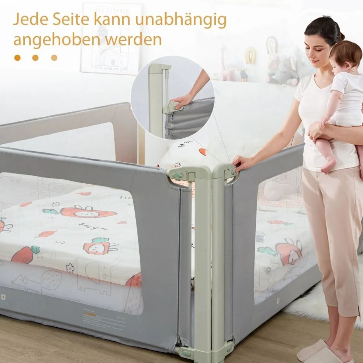 200 cm Bettgitter Höhenverstellbar Bettschutzgitter mit Verbindungszubehör Grau