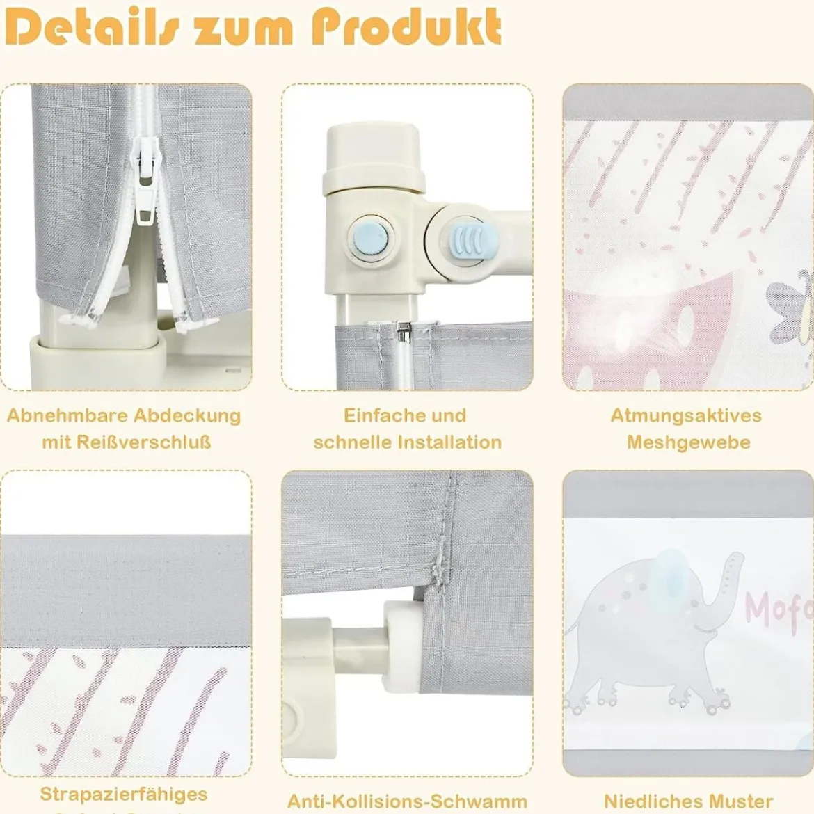 175cm Bettgitter 24 Stufen höhenverstellbares Babygitter mit Doppeltem Verschluss Grau