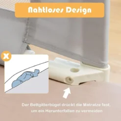175cm Bettgitter 24 Stufen höhenverstellbares Babygitter mit Doppeltem Verschluss Grau