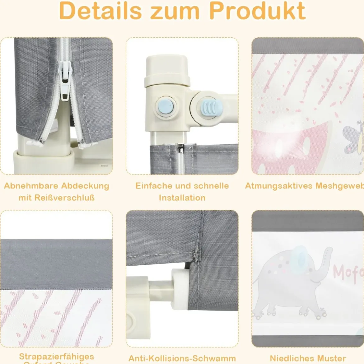 175cm Bettgitter 24 Stufen höhenverstellbares Babygitter mit Doppeltem Verschluss Dunkelgrau