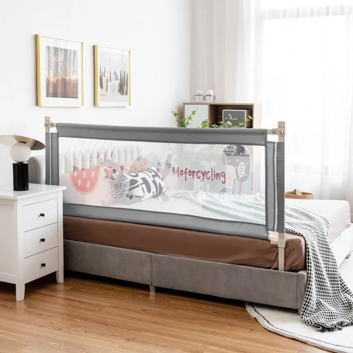 175cm Bettgitter 24 Stufen höhenverstellbares Babygitter mit Doppeltem Verschluss Dunkelgrau