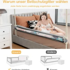 175cm Bettgitter 24 Stufen höhenverstellbares Babygitter mit Doppeltem Verschluss Dunkelgrau