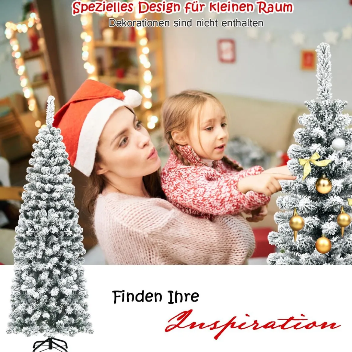 180 cm Bleistift Weihnachtsbaum mit Schnee künstlicher Tannenbaum mit Metallständer Grün + Weiß