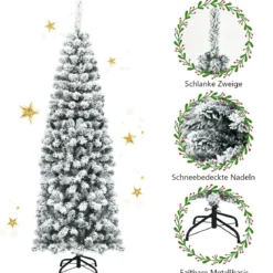 180 cm Bleistift Weihnachtsbaum mit Schnee künstlicher Tannenbaum mit Metallständer Grün + Weiß