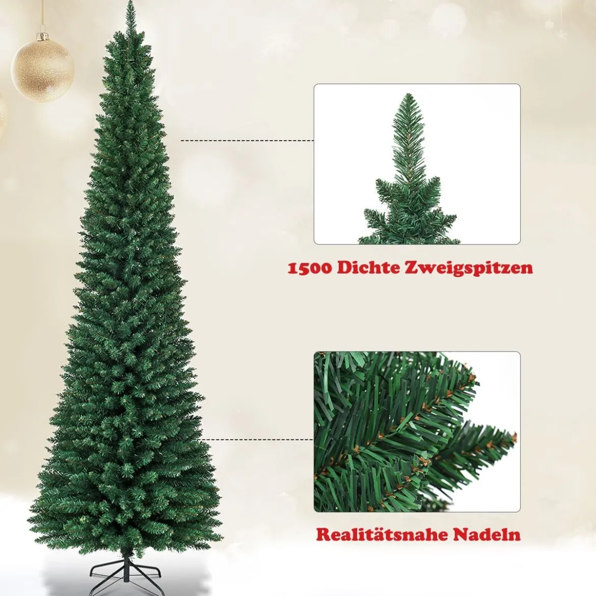 270cm Bleistift Weihnachtsbaum künstlicher Tannenbaum mit Metallständer Grün