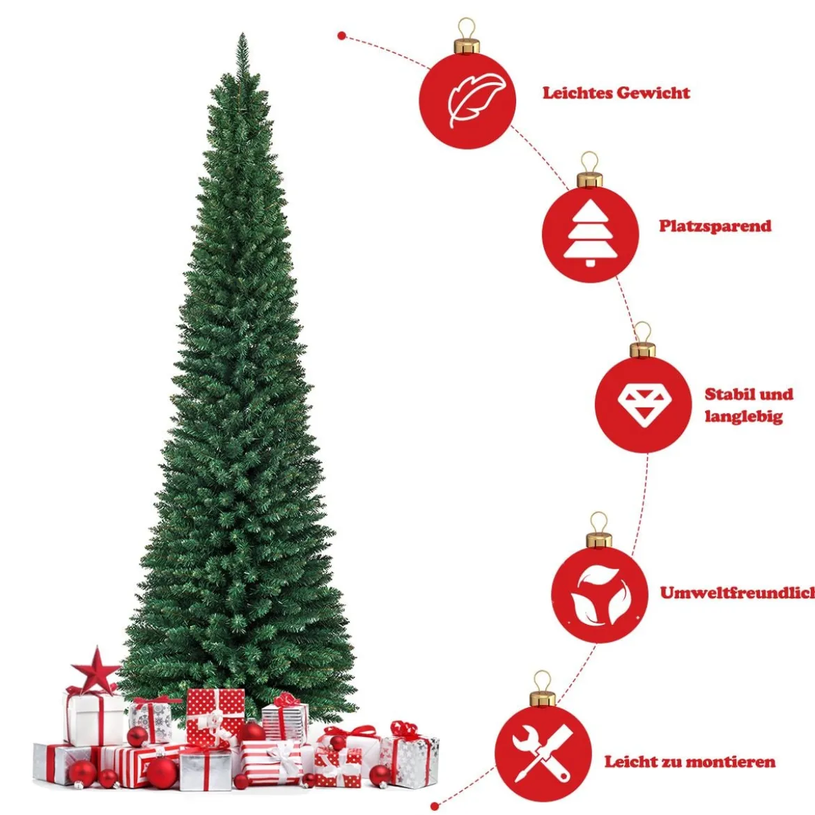 270cm Bleistift Weihnachtsbaum künstlicher Tannenbaum mit Metallständer Grün