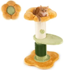 69 cm Blumen Katzenbaum mit Gepolstertem Plüsch-Sitzplatz Kleiner Kletterbaum Kratzbaum Gelb