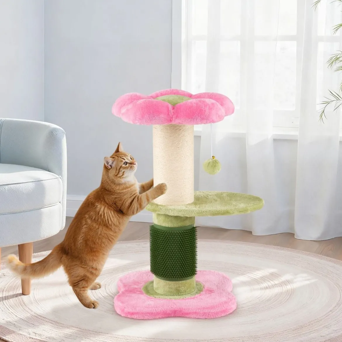 69 cm Blumen Katzenbaum mit Gepolstertem Plüsch-Sitzplatz Kleiner Kletterbaum Kratzbaum Rosa