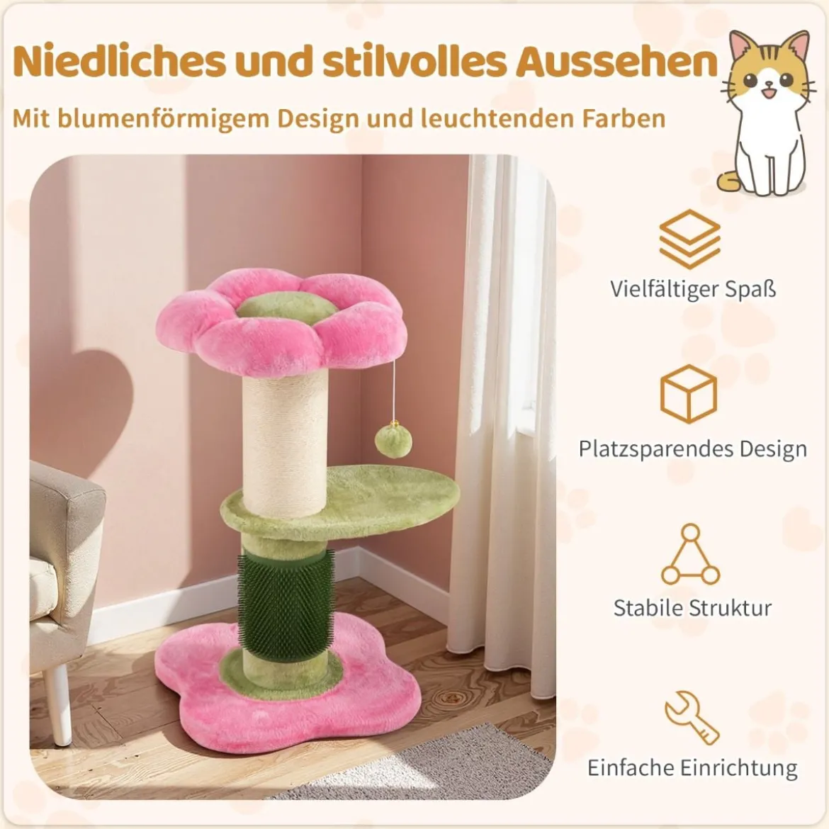 69 cm Blumen Katzenbaum mit Gepolstertem Plüsch-Sitzplatz Kleiner Kletterbaum Kratzbaum Rosa