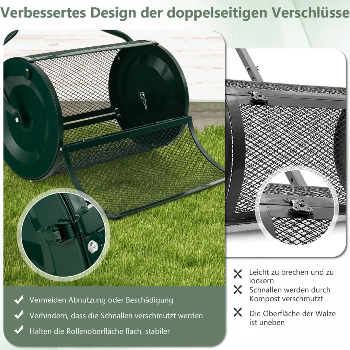 68 cm Breiter Kompoststreuer mit Verbesserten Seitlichen Riegeln & U-förmigem Griff Grün