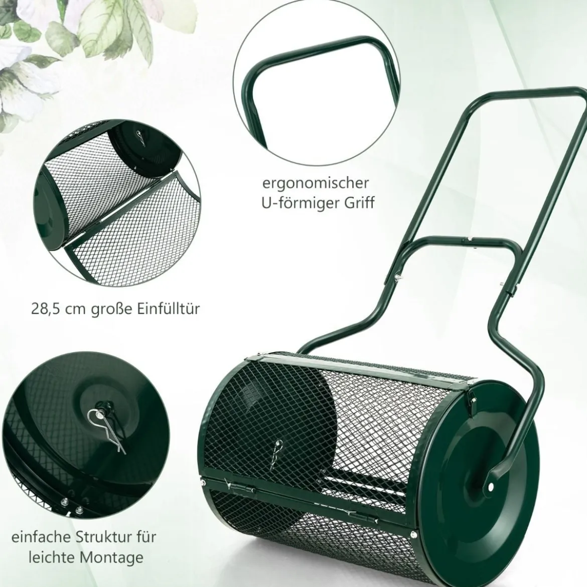 68 cm Breiter Kompoststreuer mit Verbesserten Seitlichen Riegeln & U-förmigem Griff Grün