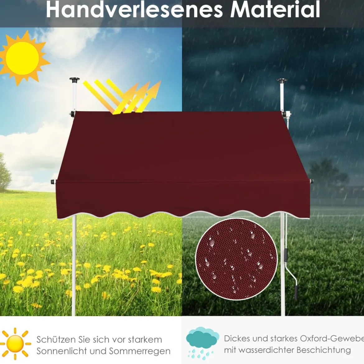 150 cm Breit Klemmmarkise ohne Bohren UV-beständige Balkonmarkise Höhenverstellbare Markise Rot