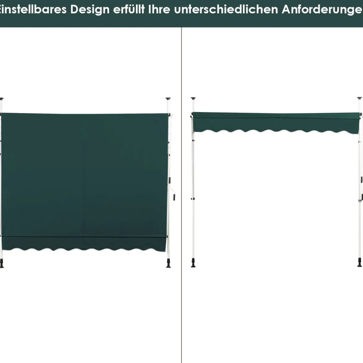 250 cm Breit Klemmmarkise ohne Bohren UV-beständige Balkonmarkise Höhenverstellbare Markise Grün