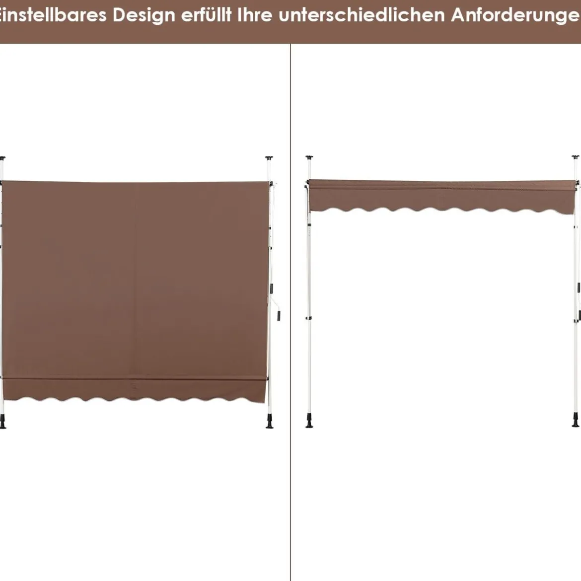 250 cm Breit Klemmmarkise ohne Bohren UV-beständige Balkonmarkise Höhenverstellbare Markise Kaffee