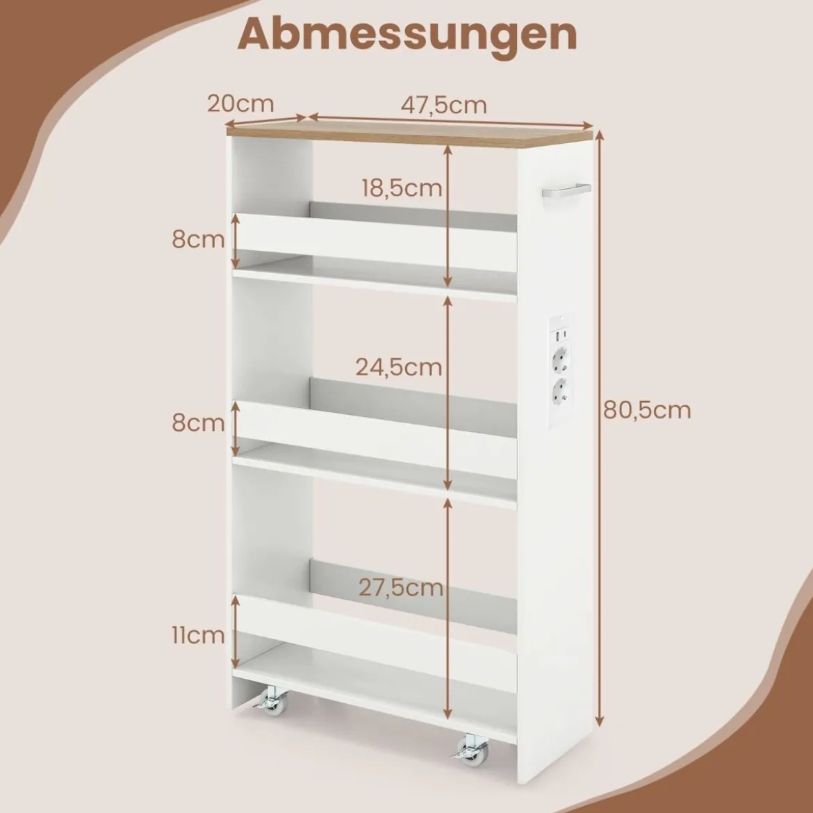 20 cm Breit Nischenwagen auf Rollen 4 Etagen Schmal Küchenwagen Servierwagen Weiß + Natur