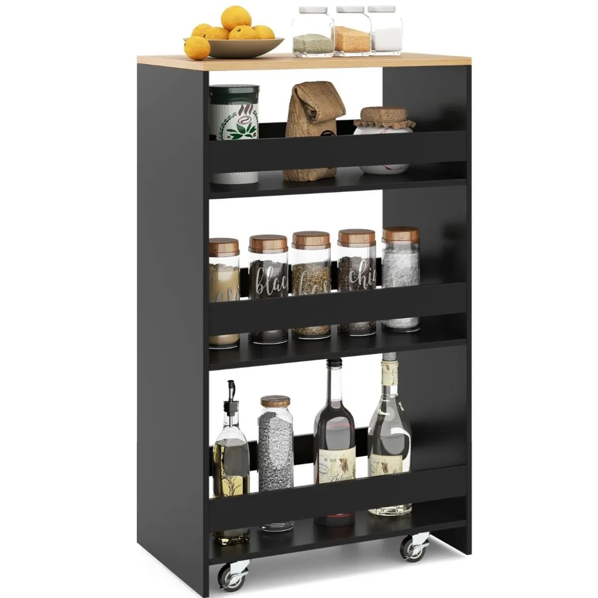 30cm Breit Nischenwagen mit Griff & Geländern 4 Etagen Küchenwagen Nischenregal Schwarz