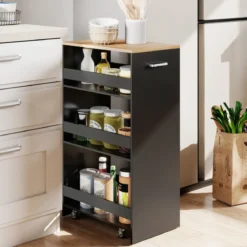 30cm Breit Nischenwagen mit Griff & Geländern 4 Etagen Küchenwagen Nischenregal Schwarz