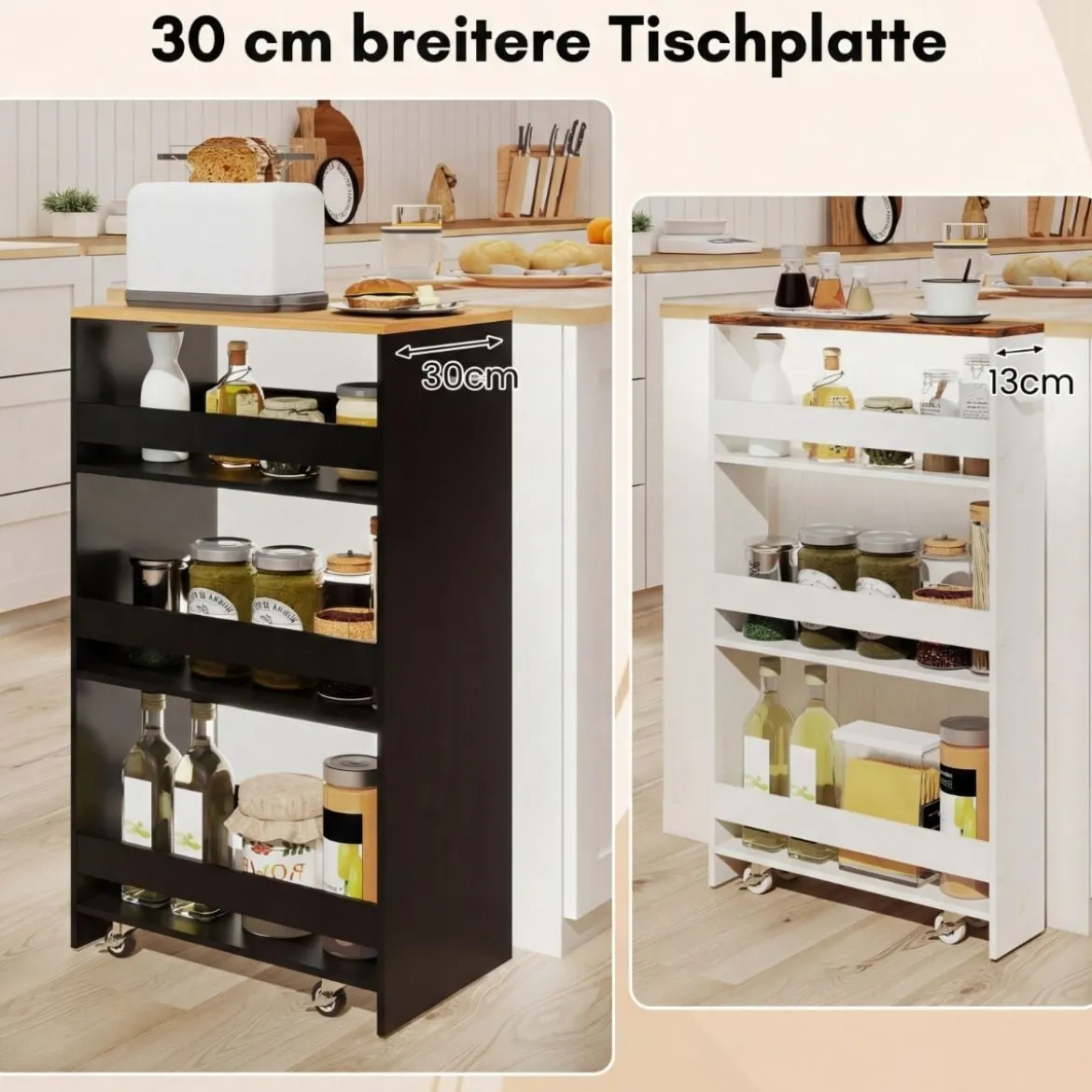 30cm Breit Nischenwagen mit Griff & Geländern 4 Etagen Küchenwagen Nischenregal Schwarz